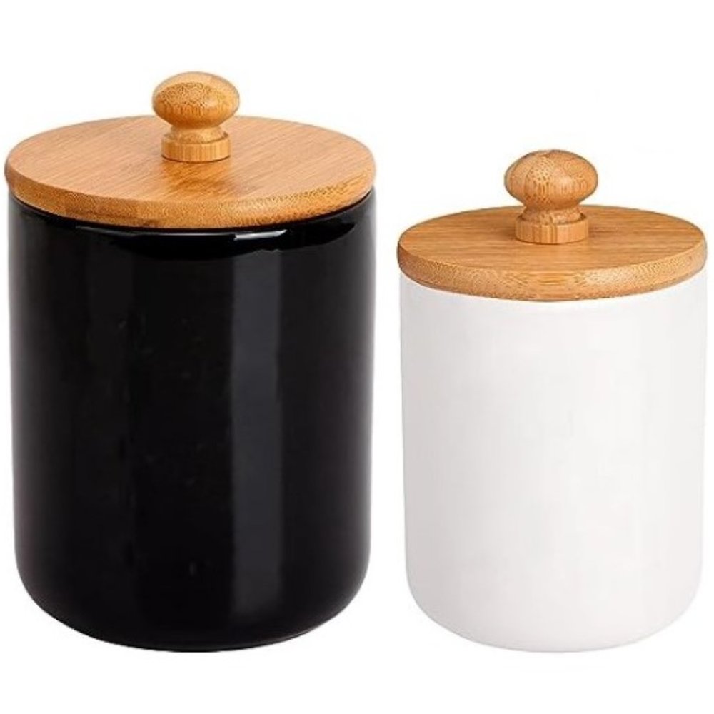 Set of 2 - Ceramic Bathroom Accessory Jars  (2 Sizes/ Black & White)